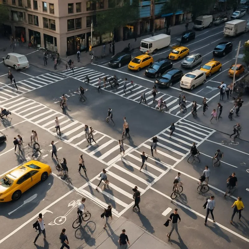 An aerial view of a busy city intersection with cars, pedestrians, and cyclists all crossing at once