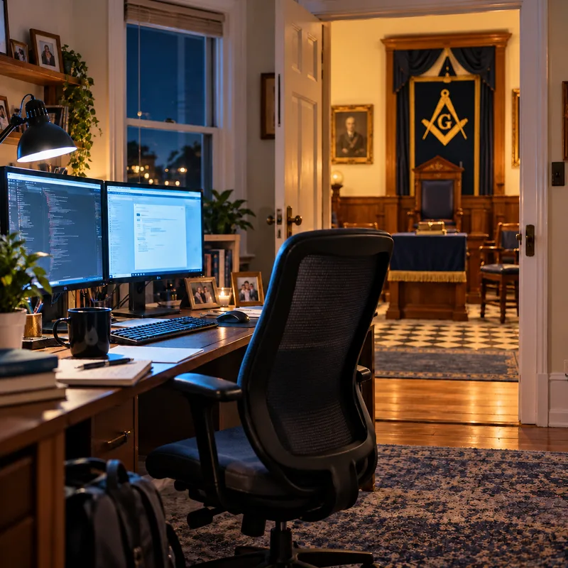 A dimly lit home office at night, two monitors showing code and an empty desk chair, with an open door looking through to a Masonic lodge room and its square and compasses banner