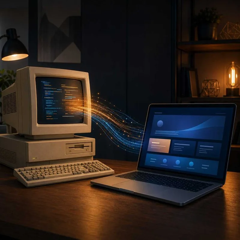 An old CRT computer displaying code next to a modern laptop displaying a clean website design