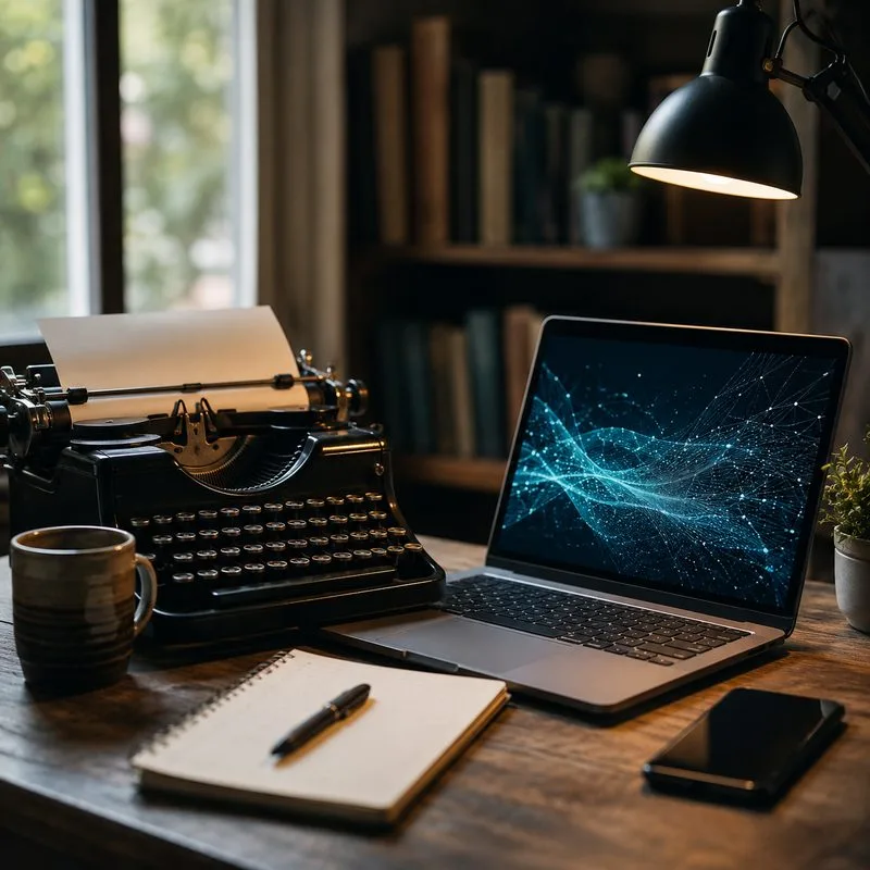 A vintage typewriter and a modern laptop side by side on a wooden desk, the laptop screen showing a glowing network of connected nodes